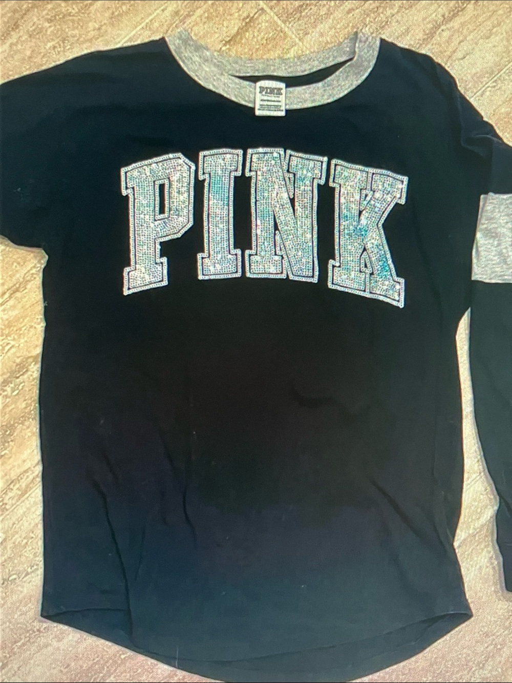 PINK Victoria's Secret Black Long Sleeve Tee with Gray Trim and Sparkle Logo